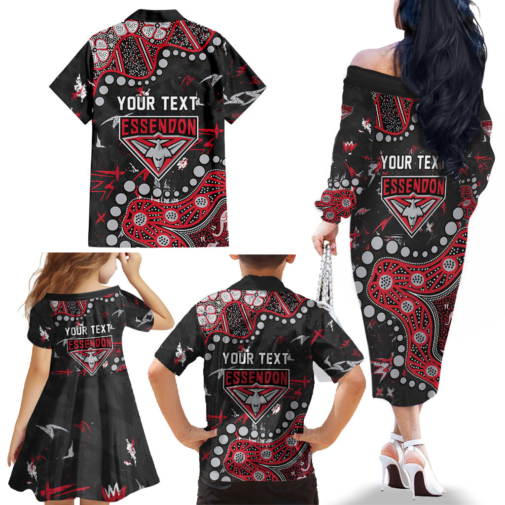 Personalized Essendon Bombers Family Matching Off The Shoulder Long Sleeve Dress and Hawaiian Shirt Aboriginal Pattern with Graffiti Style