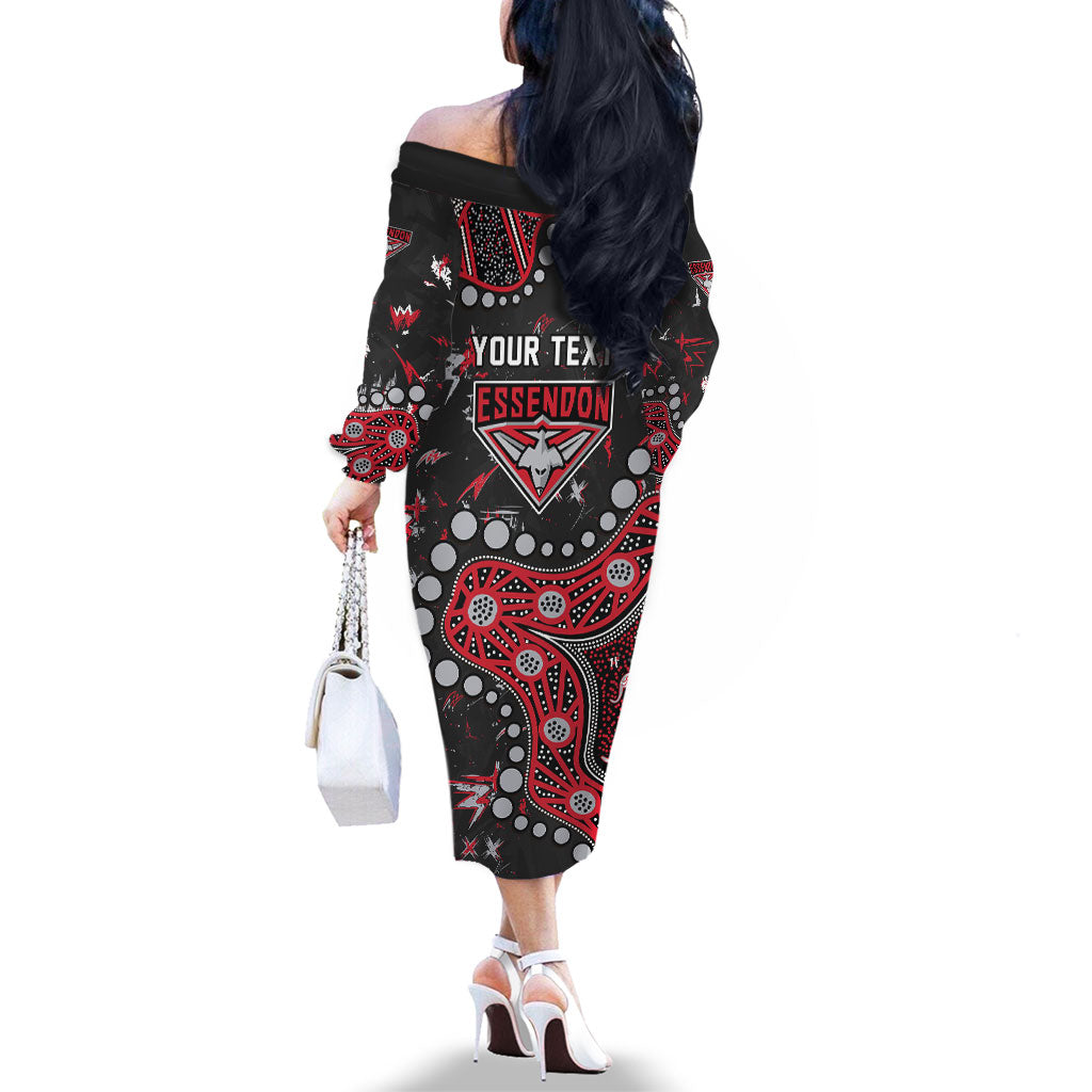 Personalized Essendon Bombers Family Matching Off The Shoulder Long Sleeve Dress and Hawaiian Shirt Aboriginal Pattern with Graffiti Style