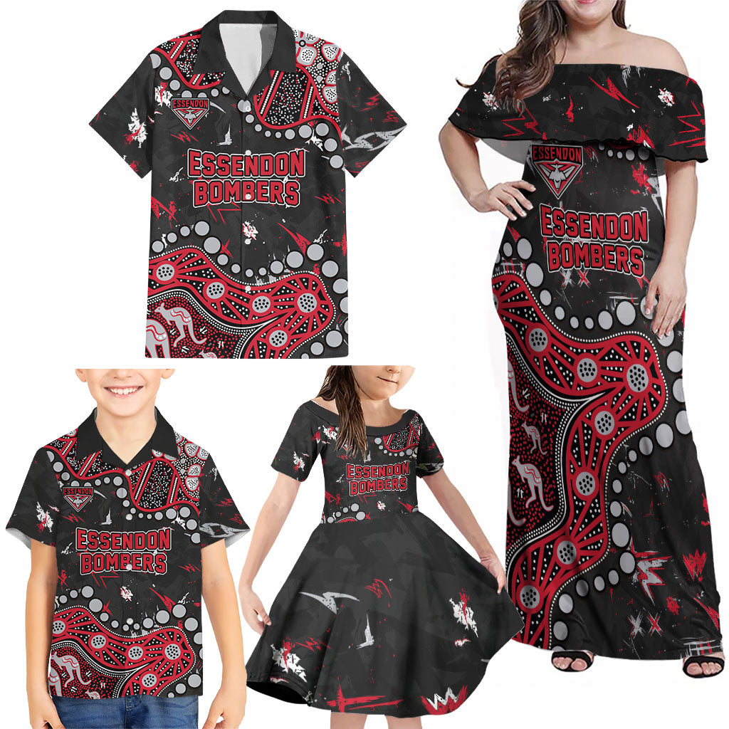 Personalized Essendon Bombers Family Matching Off Shoulder Maxi Dress and Hawaiian Shirt Aboriginal Pattern with Graffiti Style
