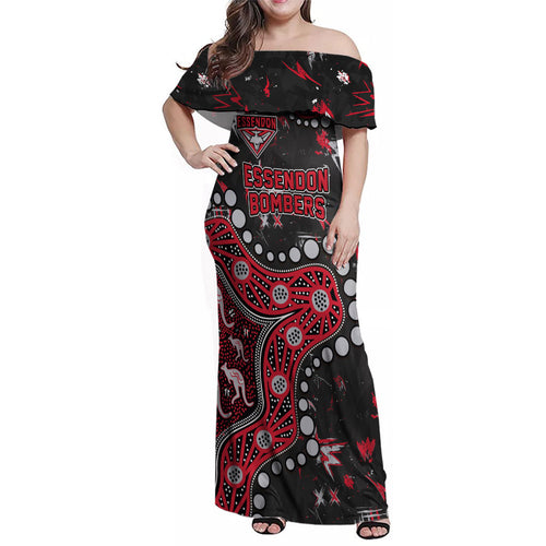 Personalized Essendon Bombers Family Matching Off Shoulder Maxi Dress and Hawaiian Shirt Aboriginal Pattern with Graffiti Style