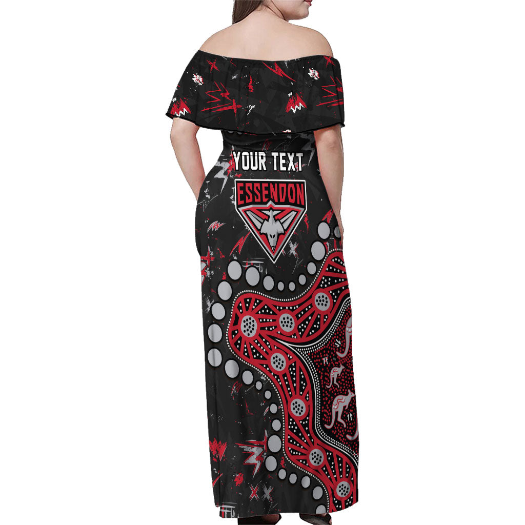 Personalized Essendon Bombers Family Matching Off Shoulder Maxi Dress and Hawaiian Shirt Aboriginal Pattern with Graffiti Style