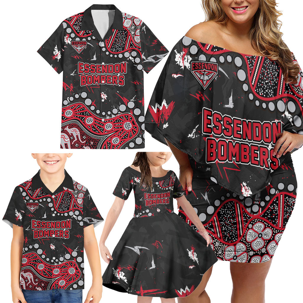 Personalized Essendon Bombers Family Matching Off Shoulder Short Dress and Hawaiian Shirt Aboriginal Pattern with Graffiti Style