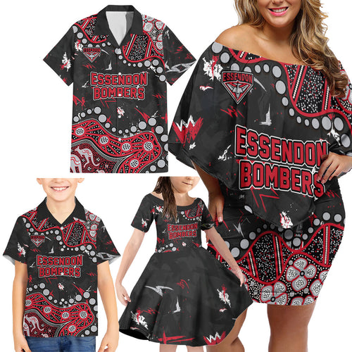Personalized Essendon Bombers Family Matching Off Shoulder Short Dress and Hawaiian Shirt Aboriginal Pattern with Graffiti Style