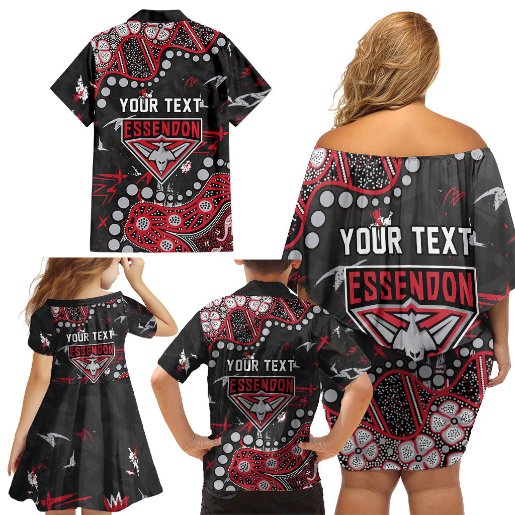 Personalized Essendon Bombers Family Matching Off Shoulder Short Dress and Hawaiian Shirt Aboriginal Pattern with Graffiti Style