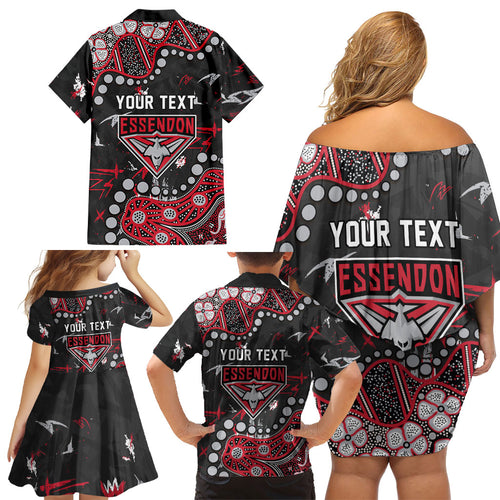 Personalized Essendon Bombers Family Matching Off Shoulder Short Dress and Hawaiian Shirt Aboriginal Pattern with Graffiti Style