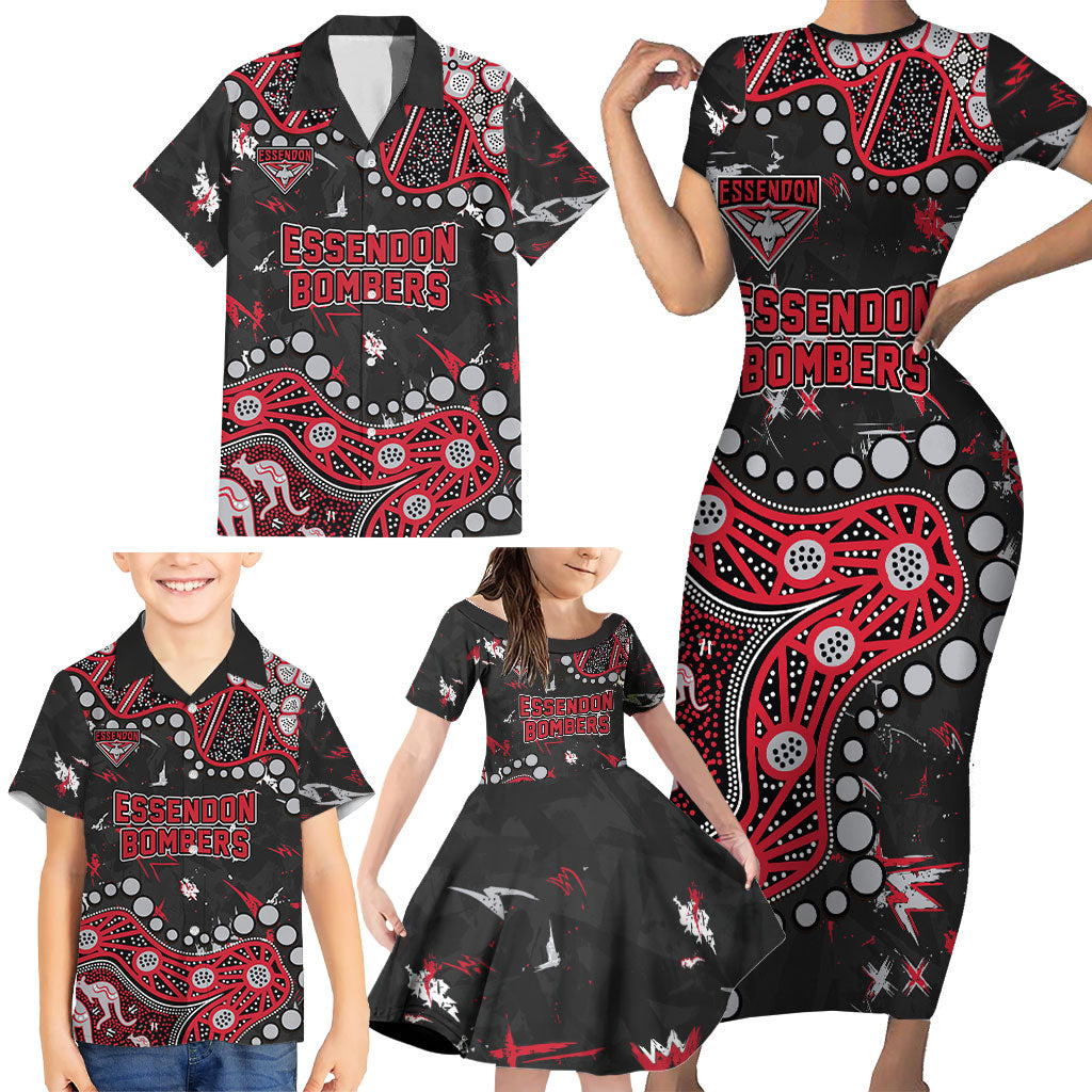 Personalized Essendon Bombers Family Matching Short Sleeve Bodycon Dress and Hawaiian Shirt Aboriginal Pattern with Graffiti Style