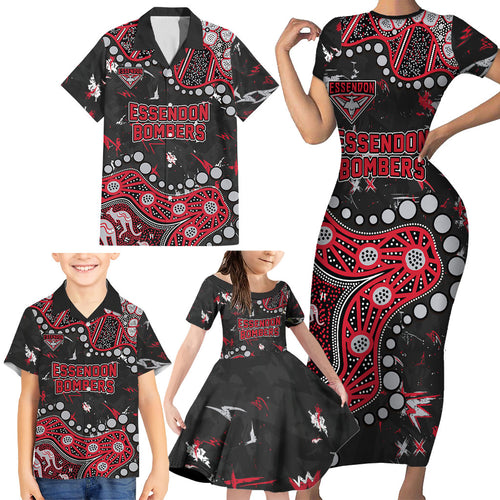 Personalized Essendon Bombers Family Matching Short Sleeve Bodycon Dress and Hawaiian Shirt Aboriginal Pattern with Graffiti Style
