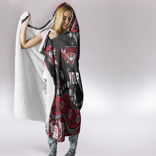 Personalized Essendon Bombers Hooded Blanket Aboriginal Pattern with Graffiti Style