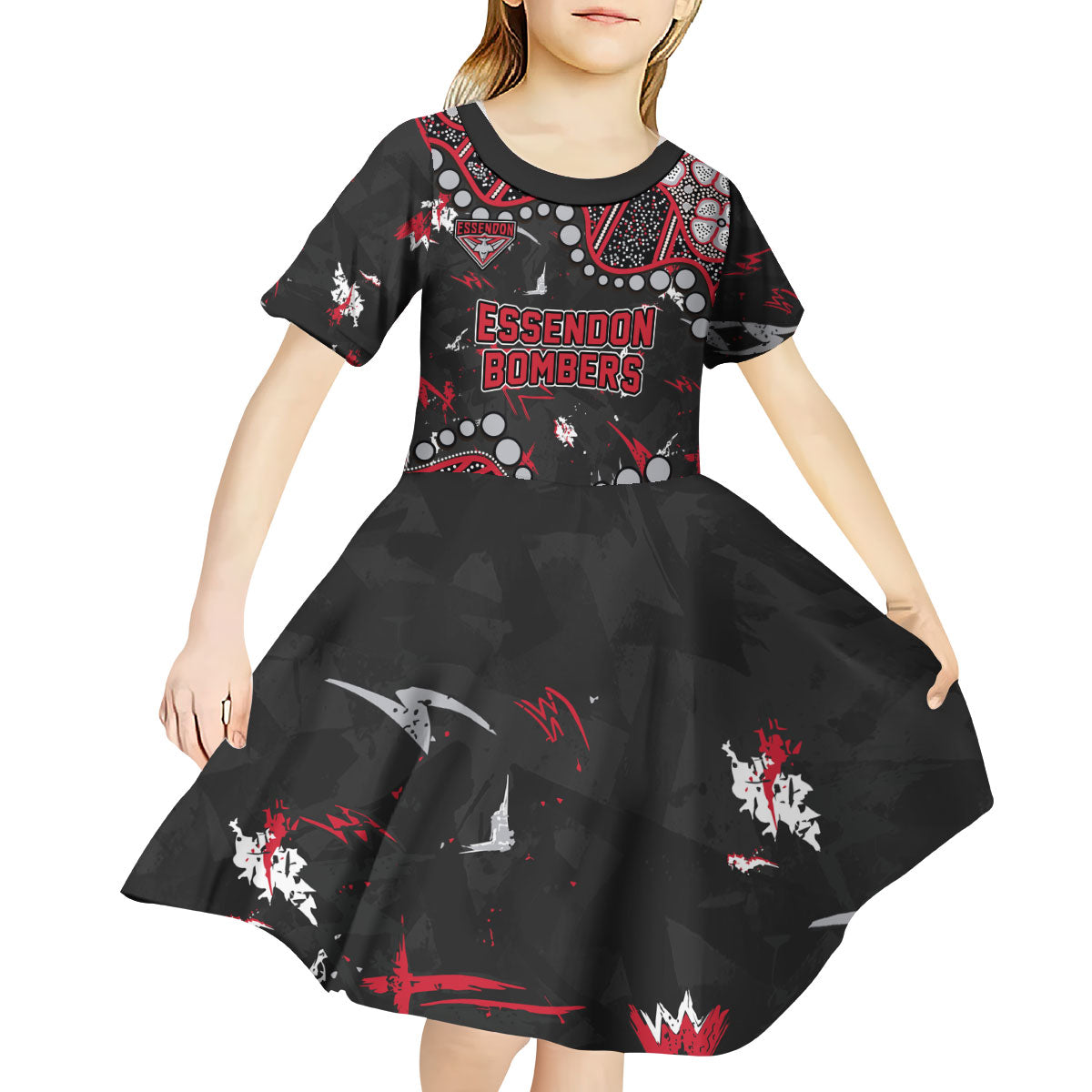 Personalized Essendon Bombers Kid Short Sleeve Dress Aboriginal Pattern with Graffiti Style