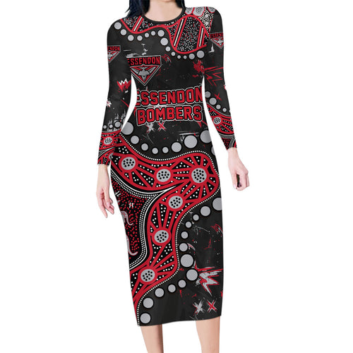 Personalized Essendon Bombers Long Sleeve Bodycon Dress Aboriginal Pattern with Graffiti Style