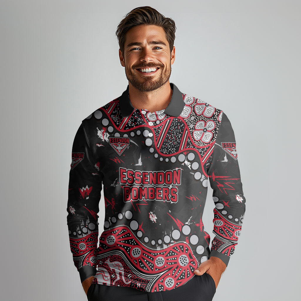 Personalized Essendon Bombers Long Sleeve Polo Shirt Aboriginal Pattern with Graffiti Style