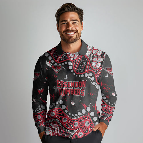 Personalized Essendon Bombers Long Sleeve Polo Shirt Aboriginal Pattern with Graffiti Style