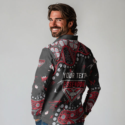 Personalized Essendon Bombers Long Sleeve Polo Shirt Aboriginal Pattern with Graffiti Style