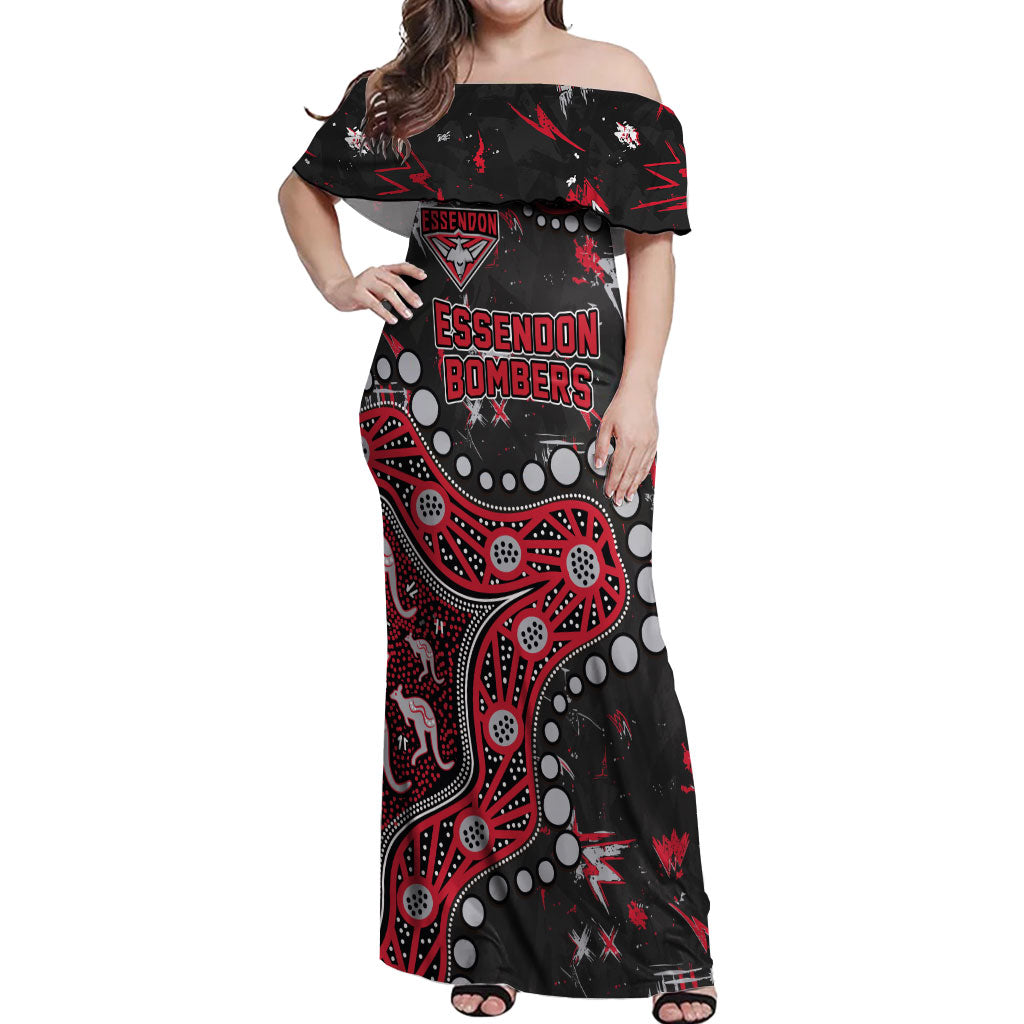 Personalized Essendon Bombers Off Shoulder Maxi Dress Aboriginal Pattern with Graffiti Style