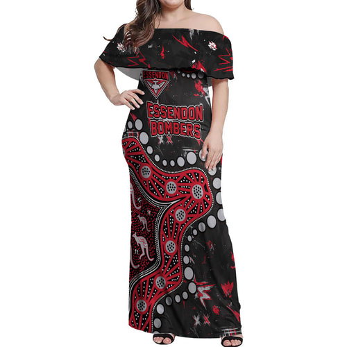 Personalized Essendon Bombers Off Shoulder Maxi Dress Aboriginal Pattern with Graffiti Style