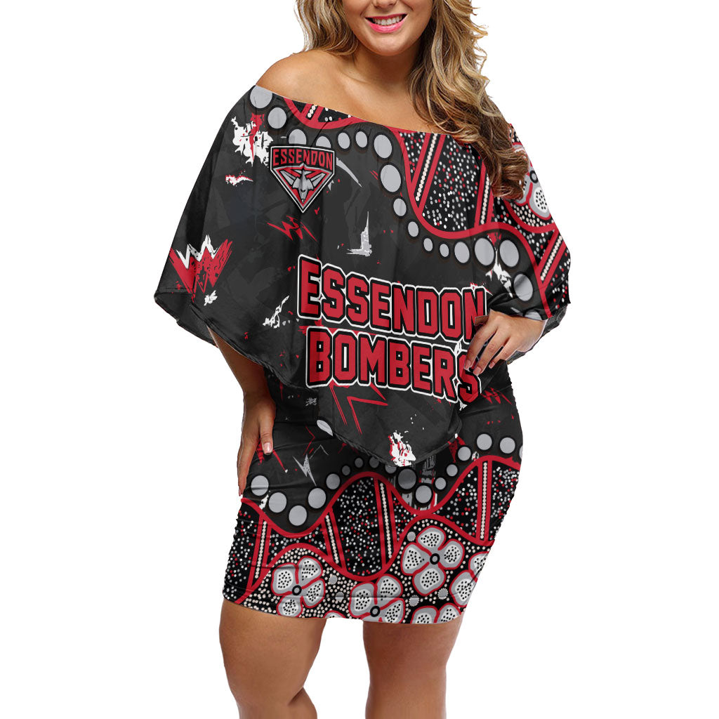 Personalized Essendon Bombers Off Shoulder Short Dress Aboriginal Pattern with Graffiti Style