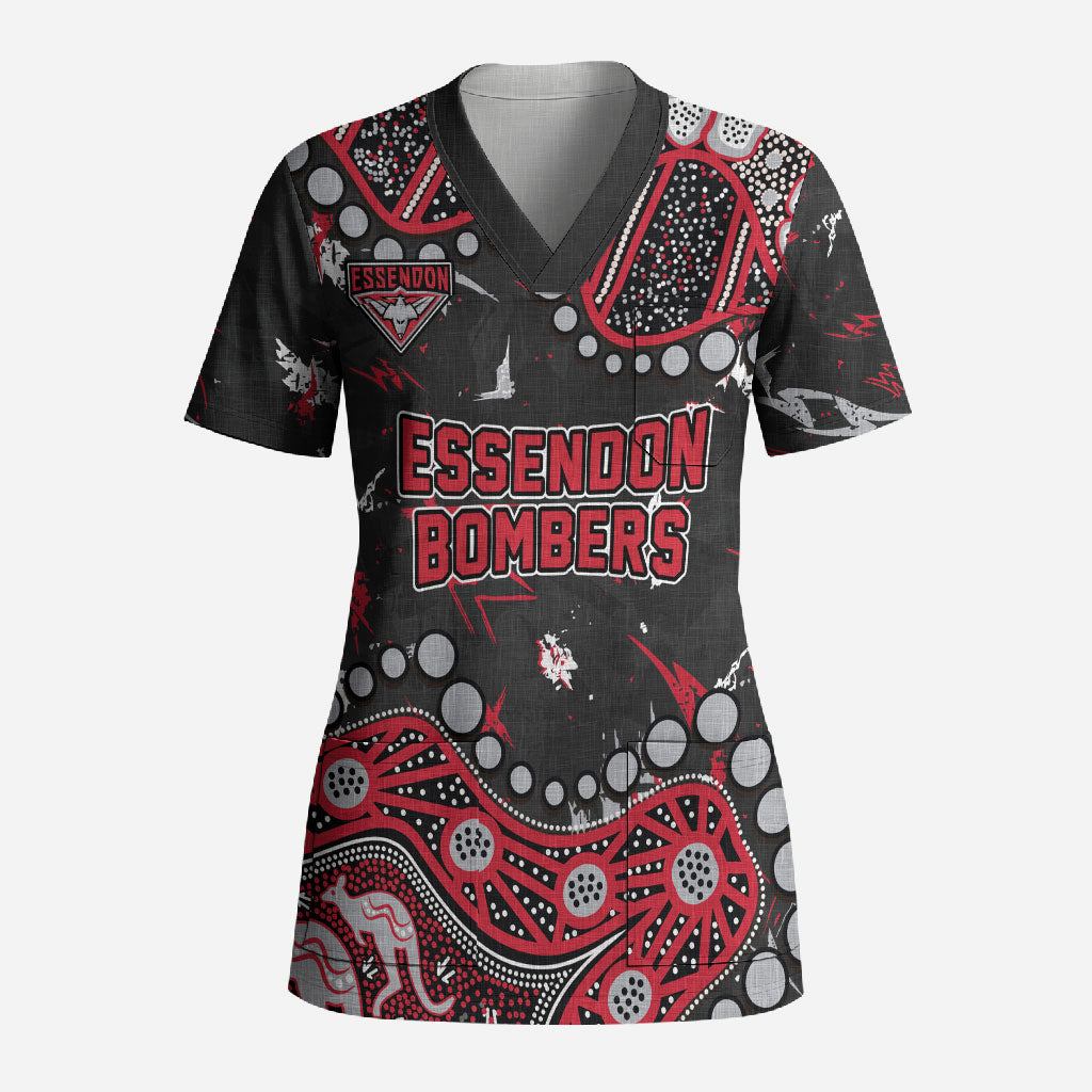 Personalized Essendon Bombers Scrub Top Aboriginal Pattern with Graffiti Style