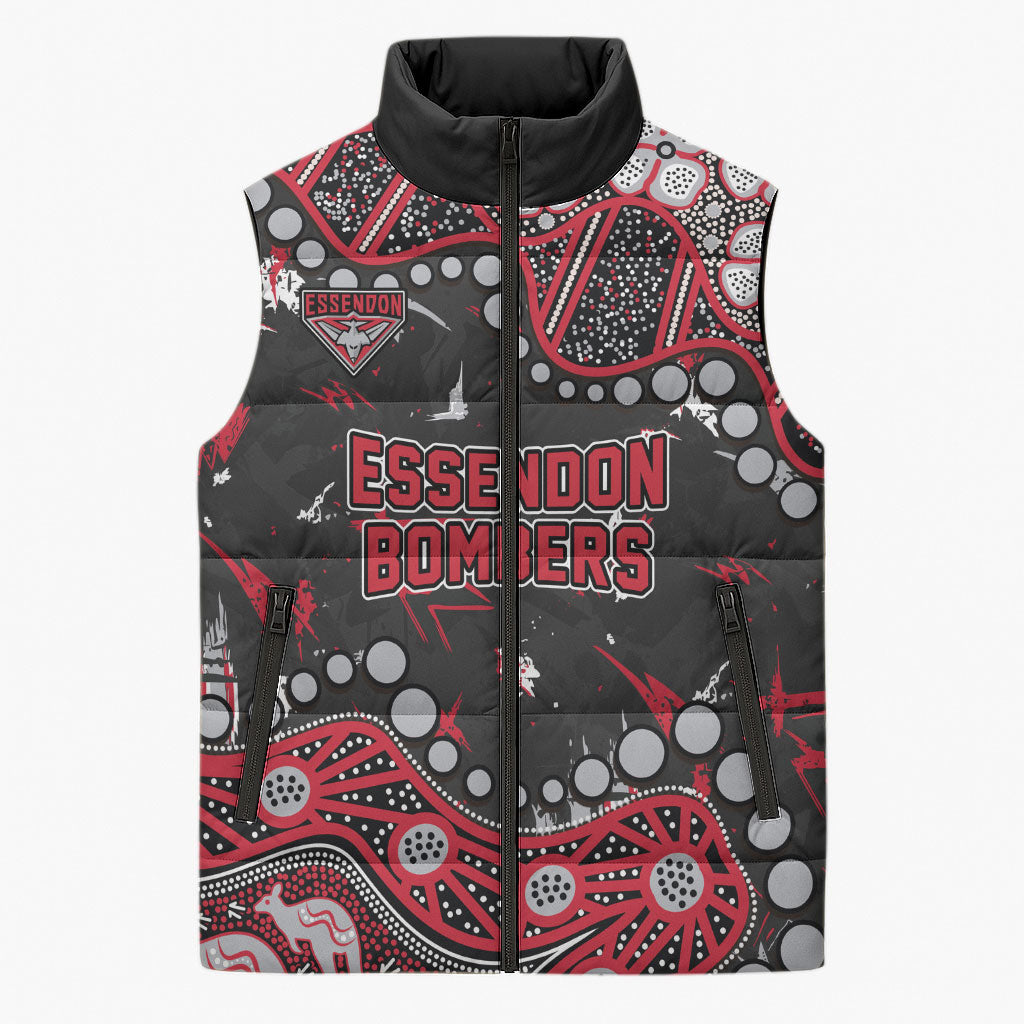 Personalized Essendon Bombers Sleeveless Puffer Jacket Aboriginal Pattern with Graffiti Style