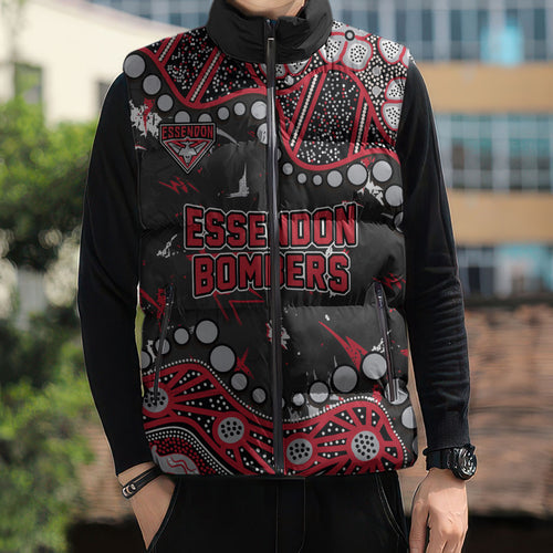 Personalized Essendon Bombers Sleeveless Puffer Jacket Aboriginal Pattern with Graffiti Style