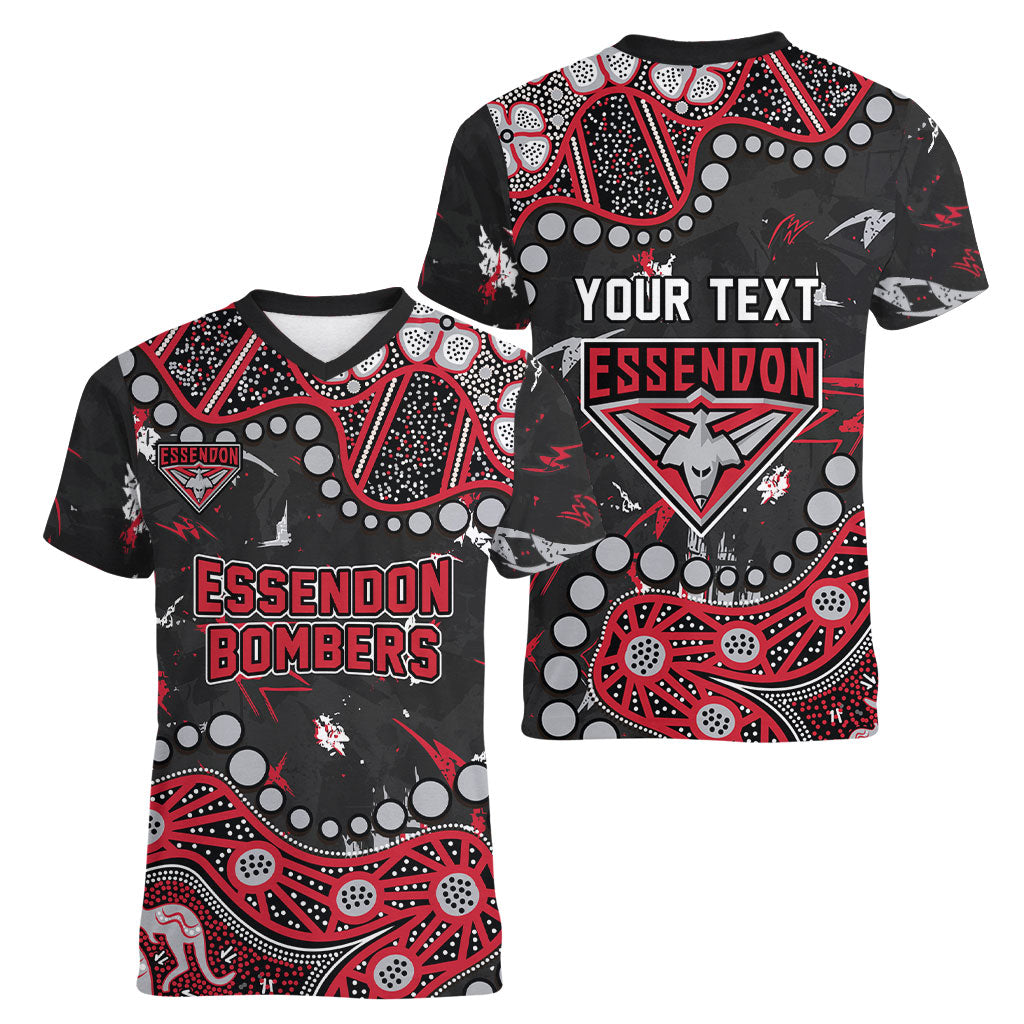 Personalized Essendon Bombers Women V-Neck T-Shirt Aboriginal Pattern with Graffiti Style