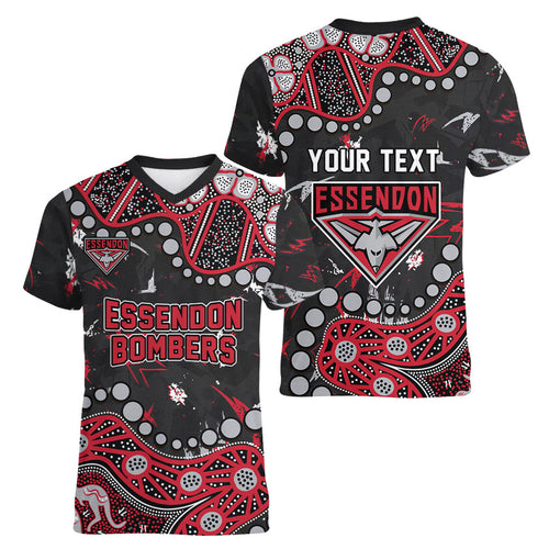 Personalized Essendon Bombers Women V-Neck T-Shirt Aboriginal Pattern with Graffiti Style
