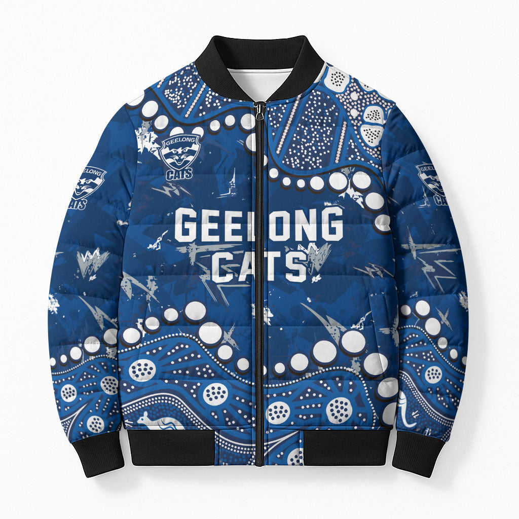 Personalized Geelong Cats Bomber Puffer Jacket Aboriginal Pattern with Graffiti Style
