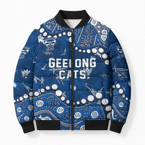 Personalized Geelong Cats Bomber Puffer Jacket Aboriginal Pattern with Graffiti Style