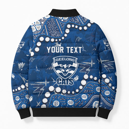 Personalized Geelong Cats Bomber Puffer Jacket Aboriginal Pattern with Graffiti Style