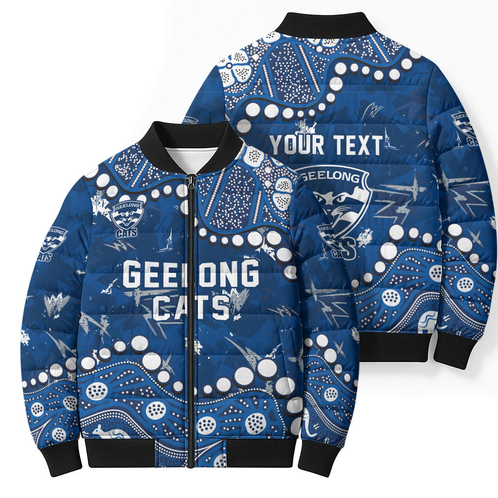 Personalized Geelong Cats Bomber Puffer Jacket Aboriginal Pattern with Graffiti Style