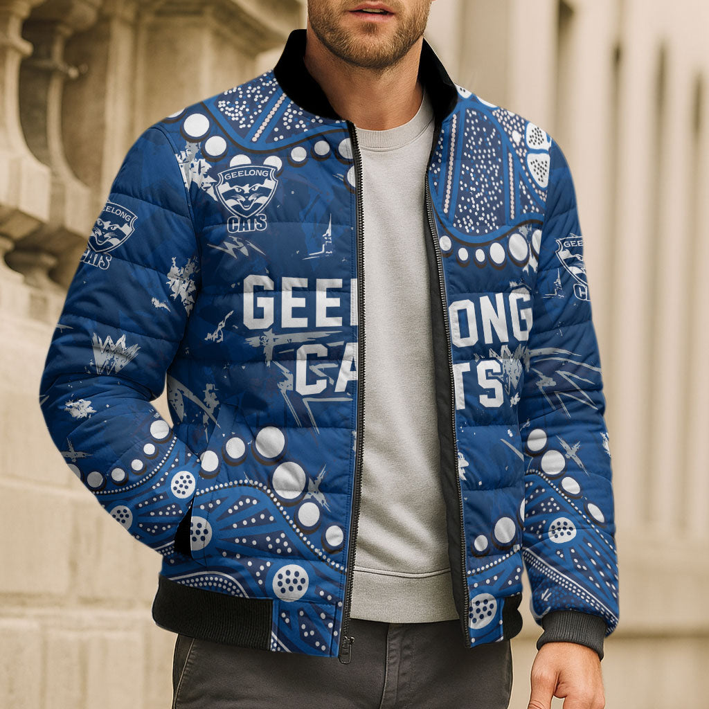 Personalized Geelong Cats Bomber Puffer Jacket Aboriginal Pattern with Graffiti Style