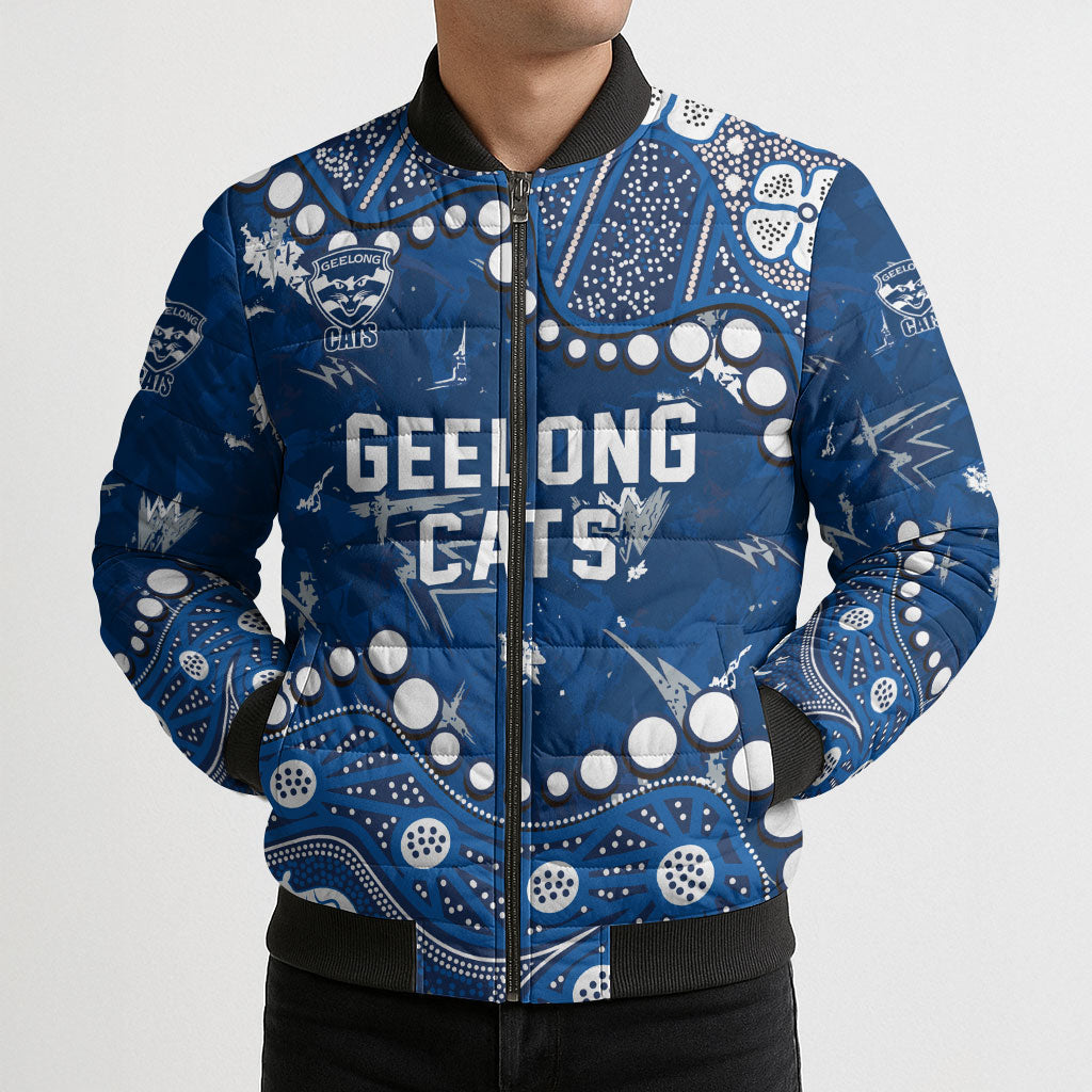Personalized Geelong Cats Bomber Puffer Jacket Aboriginal Pattern with Graffiti Style