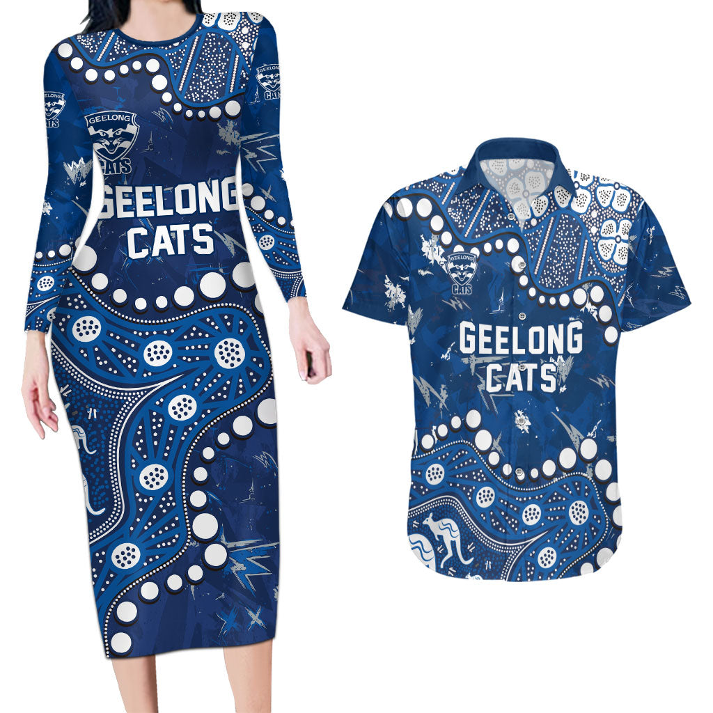 Personalized Geelong Cats Couples Matching Long Sleeve Bodycon Dress and Hawaiian Shirt Aboriginal Pattern with Graffiti Style