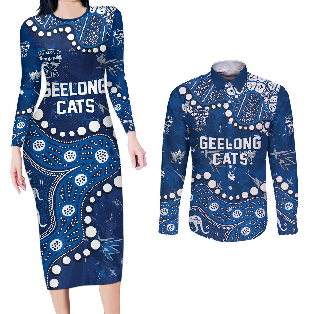 Personalized Geelong Cats Couples Matching Long Sleeve Bodycon Dress and Long Sleeve Button Shirt Aboriginal Pattern with Graffiti Style