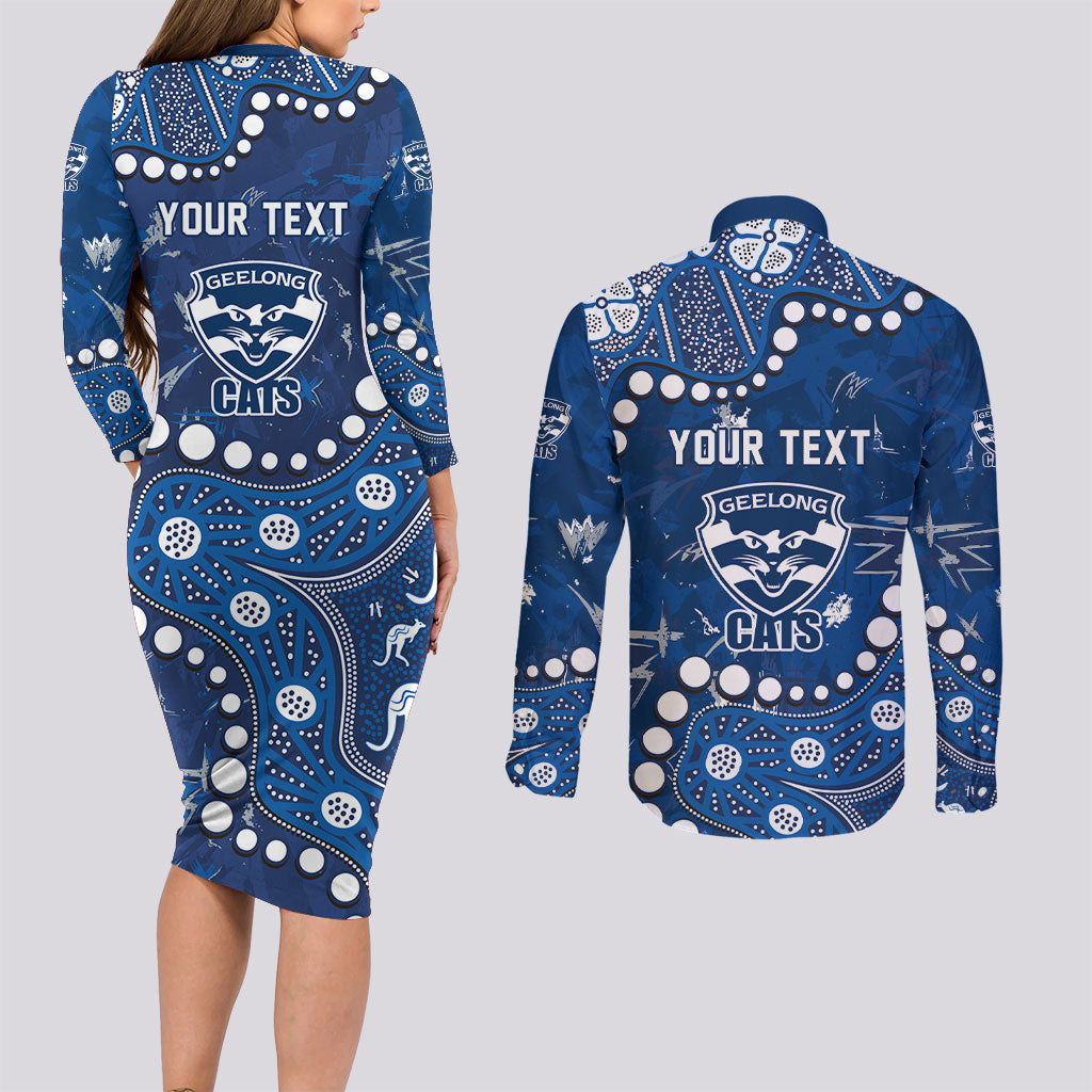 Personalized Geelong Cats Couples Matching Long Sleeve Bodycon Dress and Long Sleeve Button Shirt Aboriginal Pattern with Graffiti Style