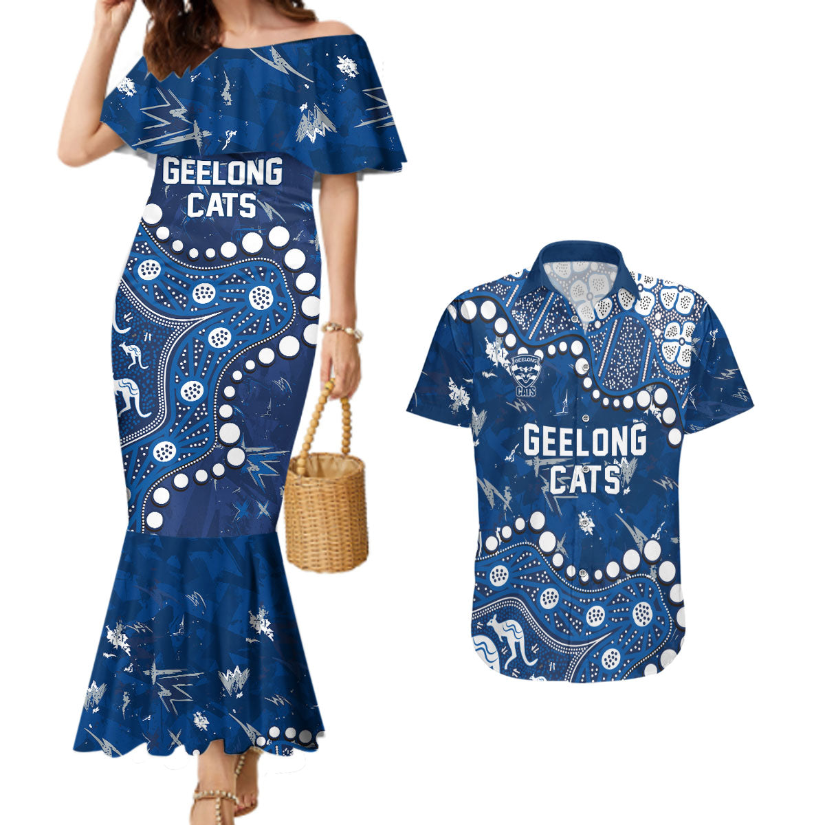 Personalized Geelong Cats Couples Matching Mermaid Dress and Hawaiian Shirt Aboriginal Pattern with Graffiti Style