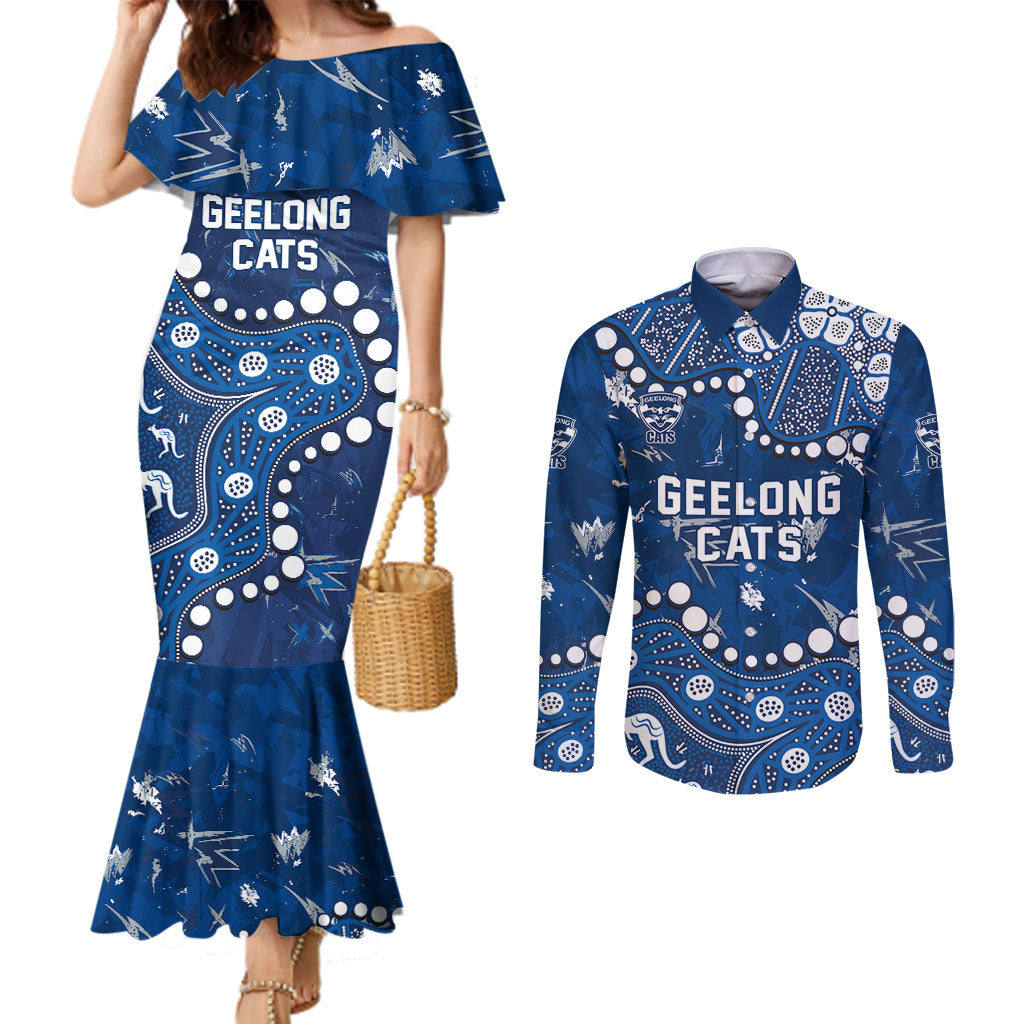 Personalized Geelong Cats Couples Matching Mermaid Dress and Long Sleeve Button Shirt Aboriginal Pattern with Graffiti Style