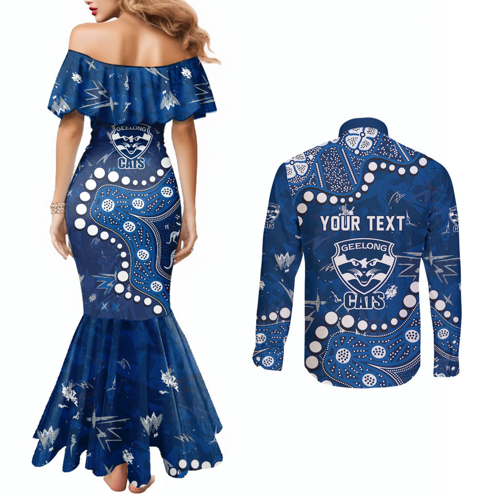 Personalized Geelong Cats Couples Matching Mermaid Dress and Long Sleeve Button Shirt Aboriginal Pattern with Graffiti Style