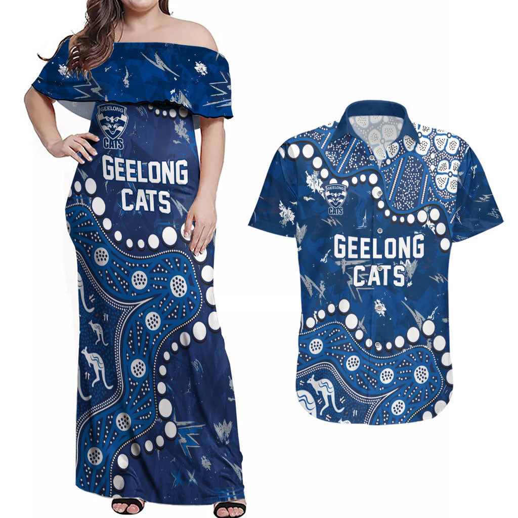 Personalized Geelong Cats Couples Matching Off Shoulder Maxi Dress and Hawaiian Shirt Aboriginal Pattern with Graffiti Style