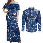 Personalized Geelong Cats Couples Matching Off Shoulder Maxi Dress and Long Sleeve Button Shirt Aboriginal Pattern with Graffiti Style