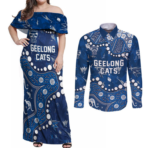 Personalized Geelong Cats Couples Matching Off Shoulder Maxi Dress and Long Sleeve Button Shirt Aboriginal Pattern with Graffiti Style