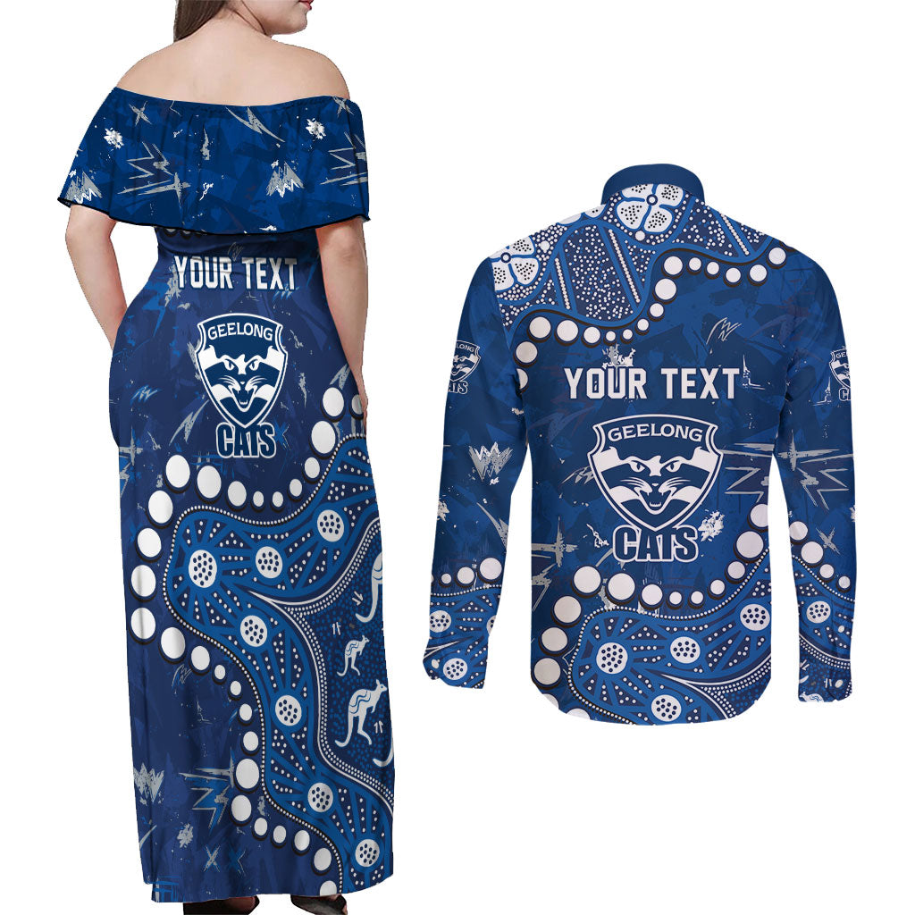 Personalized Geelong Cats Couples Matching Off Shoulder Maxi Dress and Long Sleeve Button Shirt Aboriginal Pattern with Graffiti Style
