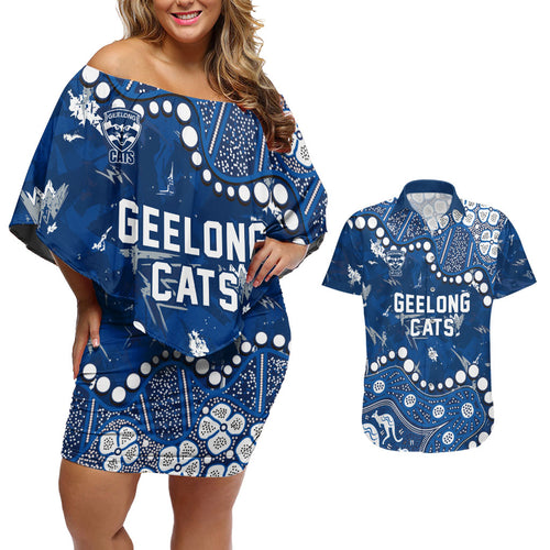 Personalized Geelong Cats Couples Matching Off Shoulder Short Dress and Hawaiian Shirt Aboriginal Pattern with Graffiti Style
