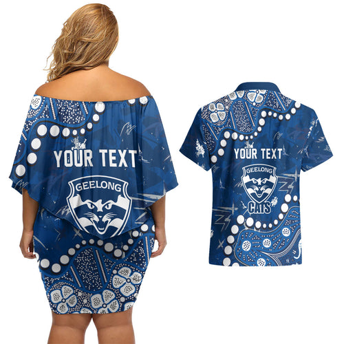 Personalized Geelong Cats Couples Matching Off Shoulder Short Dress and Hawaiian Shirt Aboriginal Pattern with Graffiti Style