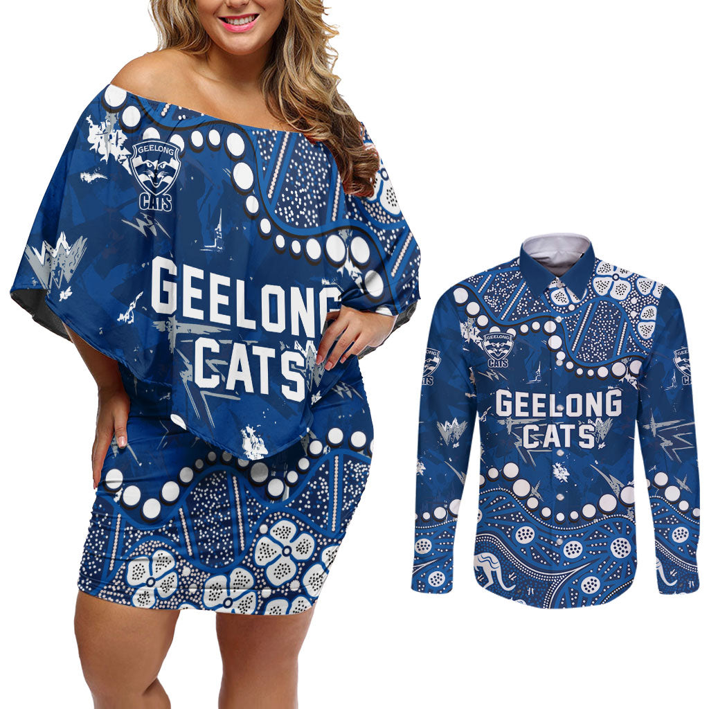 Personalized Geelong Cats Couples Matching Off Shoulder Short Dress and Long Sleeve Button Shirt Aboriginal Pattern with Graffiti Style