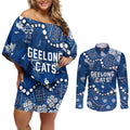 Personalized Geelong Cats Couples Matching Off Shoulder Short Dress and Long Sleeve Button Shirt Aboriginal Pattern with Graffiti Style