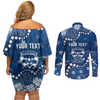 Personalized Geelong Cats Couples Matching Off Shoulder Short Dress and Long Sleeve Button Shirt Aboriginal Pattern with Graffiti Style