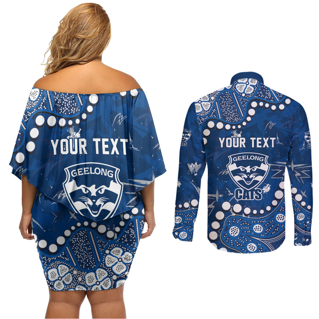 Personalized Geelong Cats Couples Matching Off Shoulder Short Dress and Long Sleeve Button Shirt Aboriginal Pattern with Graffiti Style