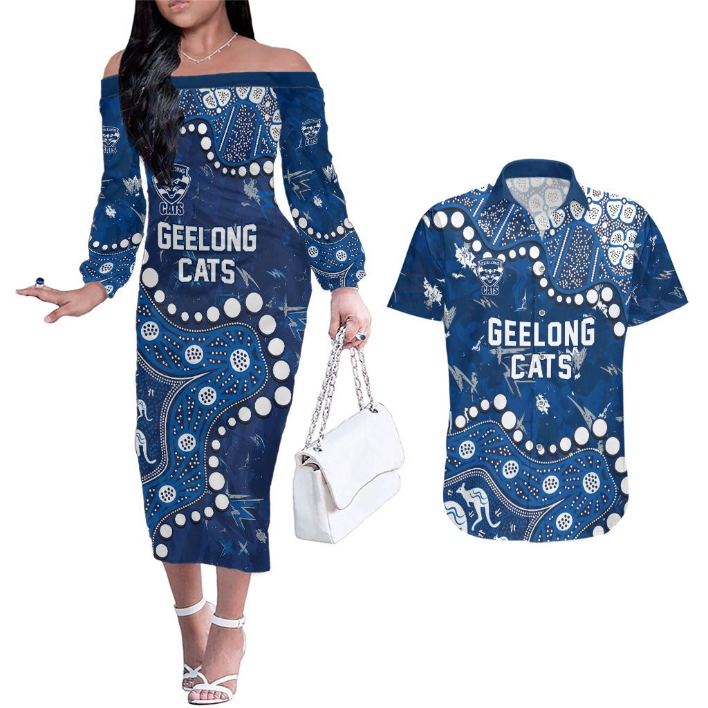 Personalized Geelong Cats Couples Matching Off The Shoulder Long Sleeve Dress and Hawaiian Shirt Aboriginal Pattern with Graffiti Style