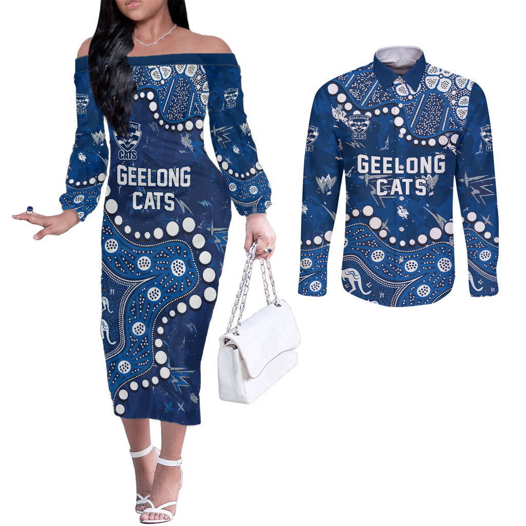 Personalized Geelong Cats Couples Matching Off The Shoulder Long Sleeve Dress and Long Sleeve Button Shirt Aboriginal Pattern with Graffiti Style