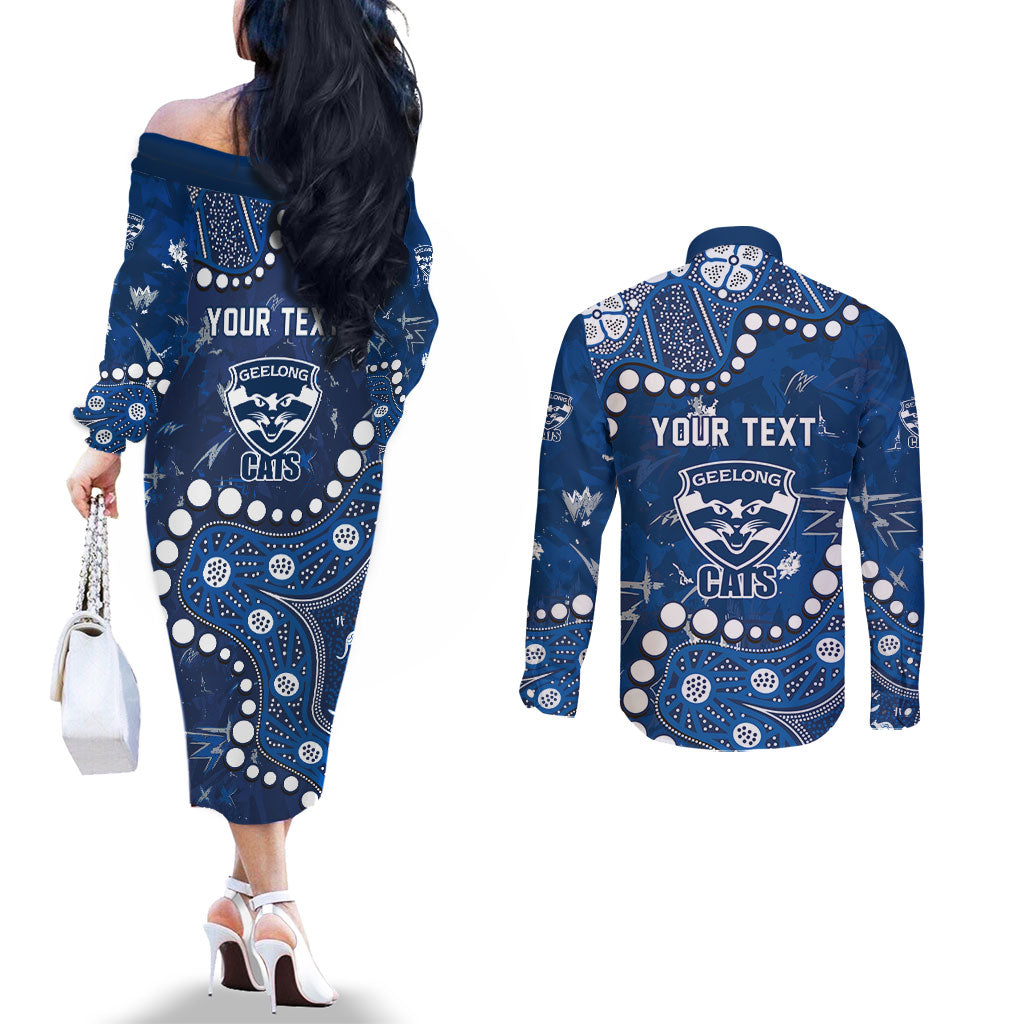 Personalized Geelong Cats Couples Matching Off The Shoulder Long Sleeve Dress and Long Sleeve Button Shirt Aboriginal Pattern with Graffiti Style